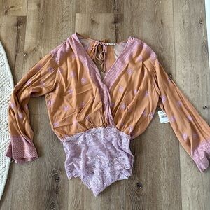 Free People Pink and Orange Patterned Bodysuit